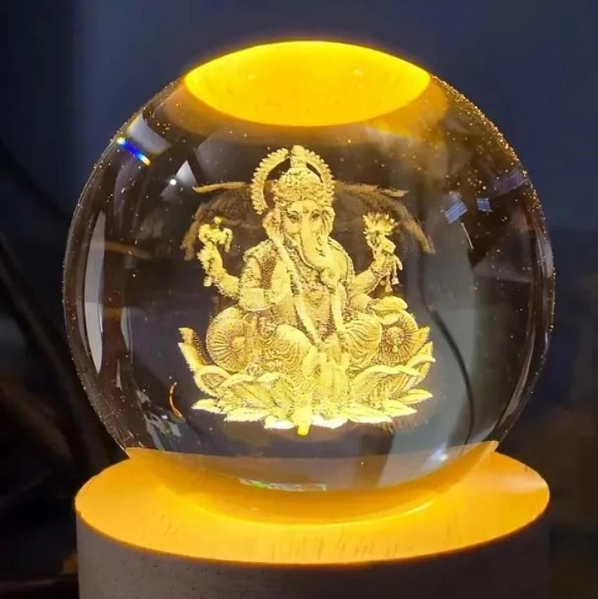 Ganesh Crystal LED Lamp | 3D Laser Engraved Lord Ganesha Night Light | Warm Golden Light | Spiritual Home & Office Decor Gift